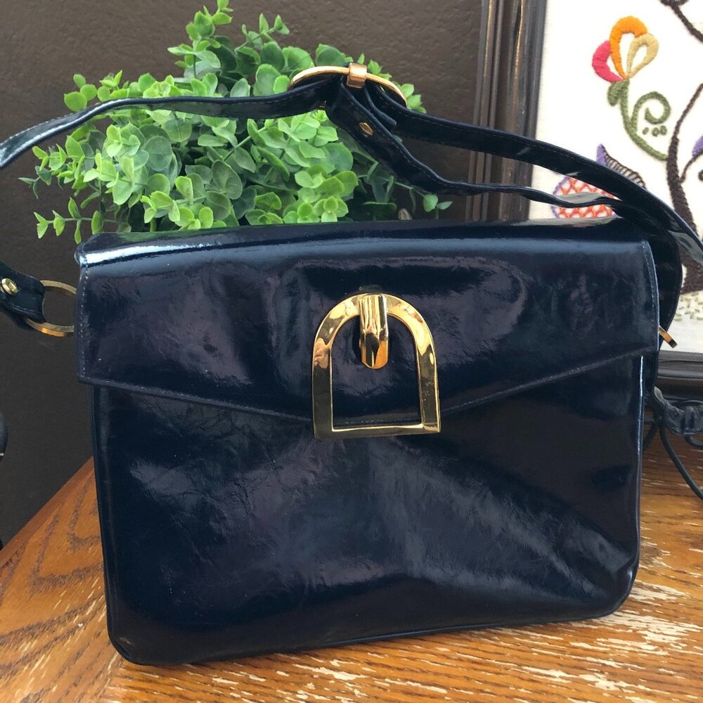 Saks Fifth Avenue Glossy NAVY Patent Leather Handbag with Gold tone Hardware
